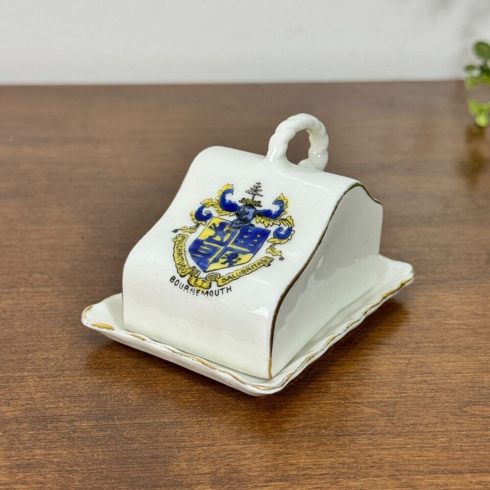 Vintage Arcadia China Bournemouth England Crest Butter Dish Gold Trim England